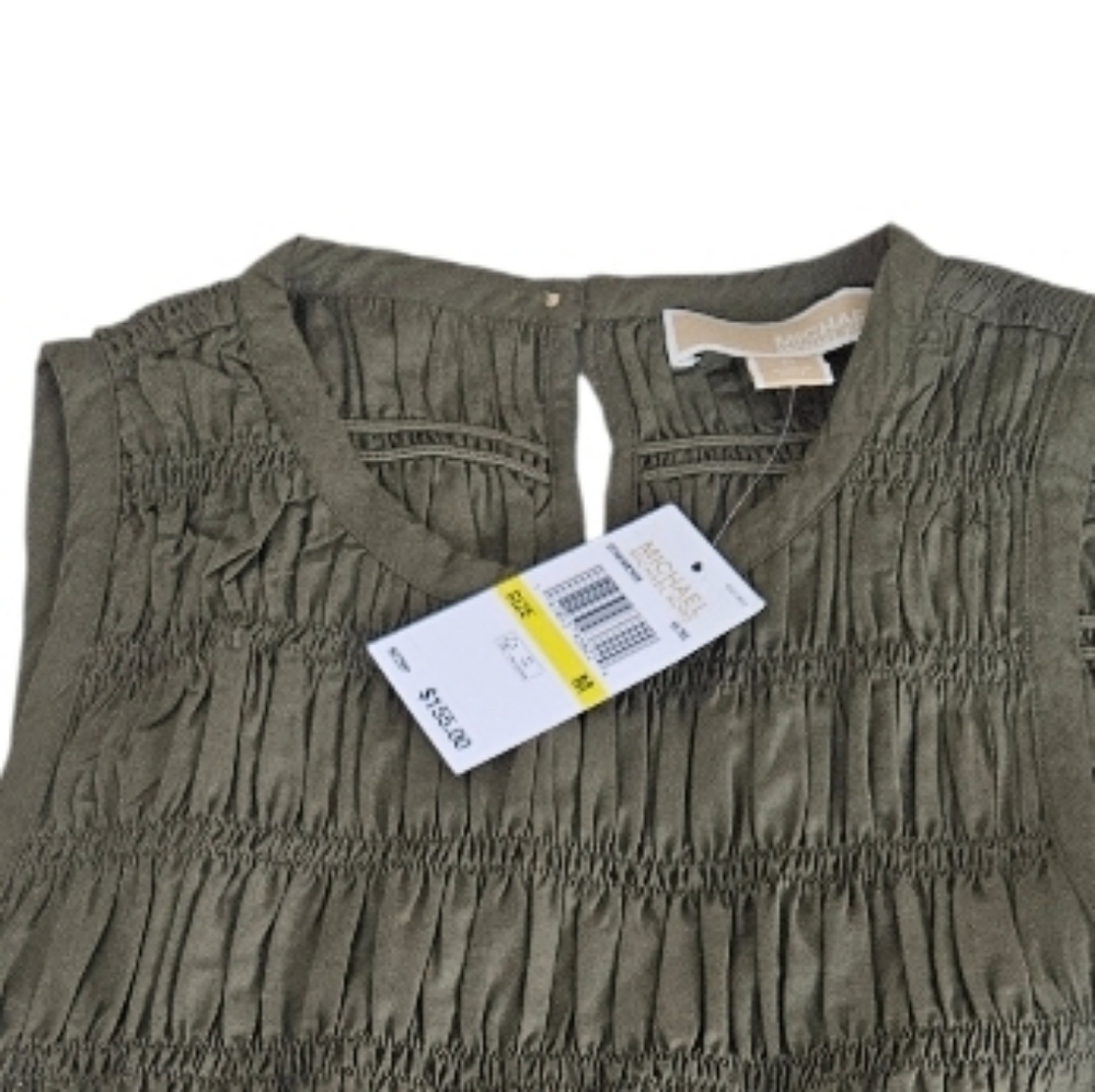 NWT Micheal Kors Smoked Shirred Olive Green Sleeveless Midi  Dress - Picture 3 of 10